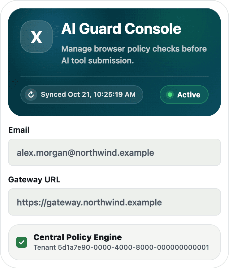 XFINIT AI Guard Console แสดงนโยบายที่ซิงก์แล้วและกำลังทำงาน